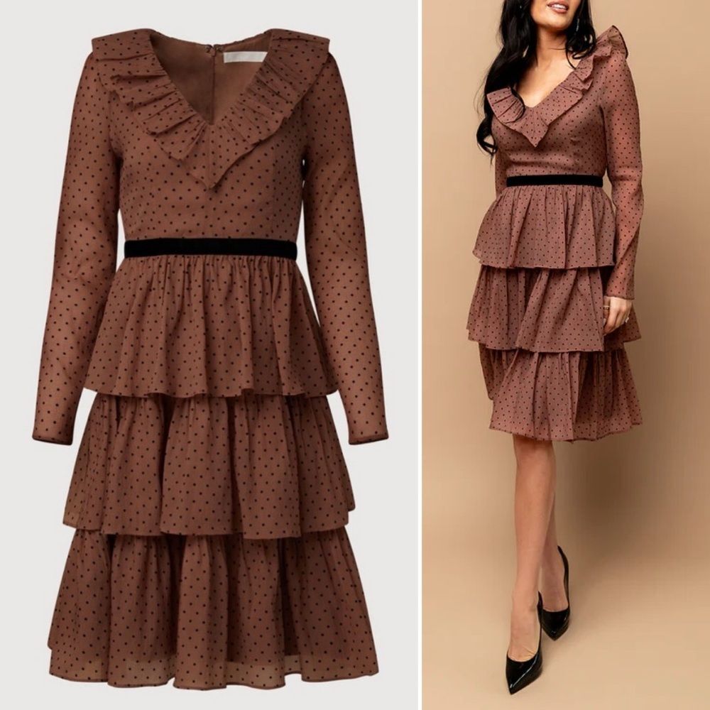 NWT Rachel Parcell Ruffle Tiered Midi Dress Brown Black Polka Dot Chiffon Size 4